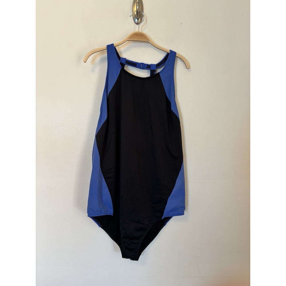 Lands End One Piece Swimsuit‎ High Neck Blue Black Modest 26W